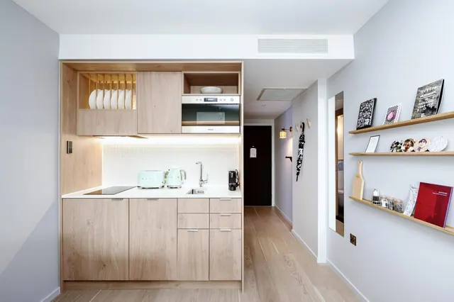 A compact kitchenette with light wood cabinets, an induction hob, a sink, a mint-green toaster and kettle, and wall shelves on the right.