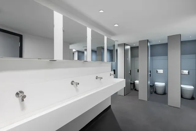 A long white trough sink with several taps runs along a wall of mirrors, beside a row of wall-hung toilets in cubicles.